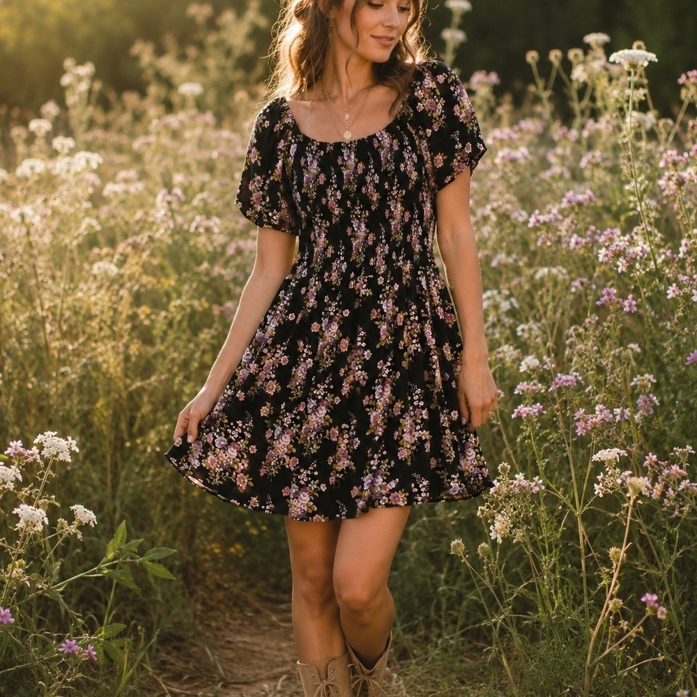 Jolt Floral Smocked Mini Dress Tunic Black Cottagecore Boho Size L Cottagecore‎